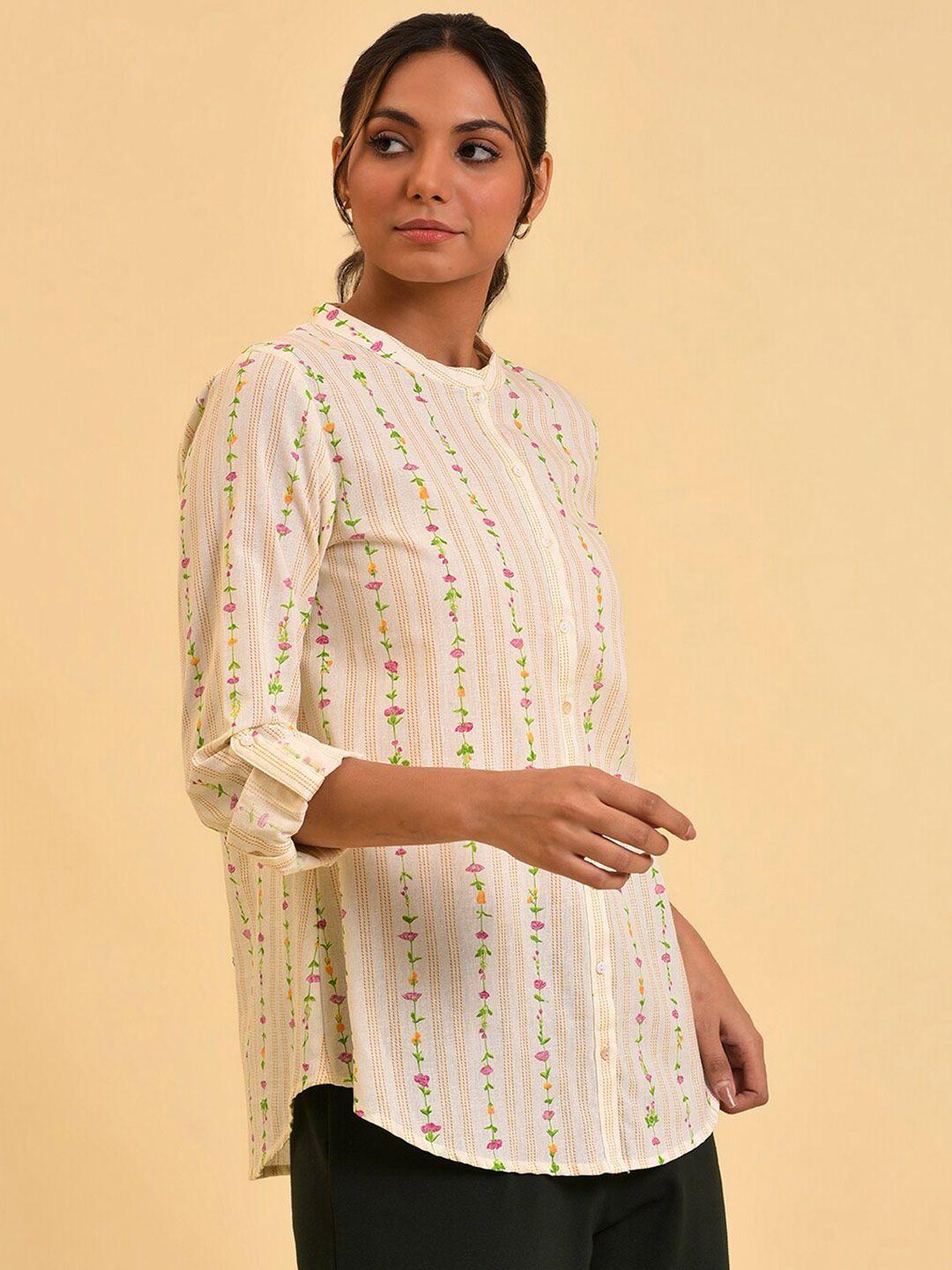 W White Floral Print Roll-Up Sleeves Cotton Top