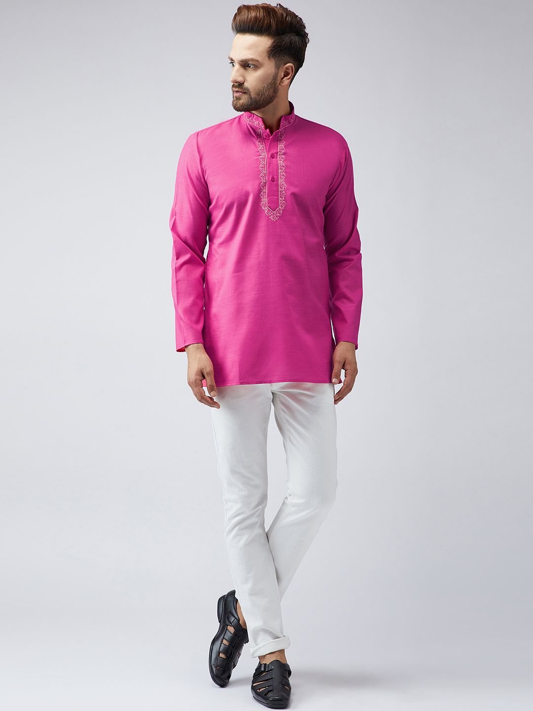 SOJANYA Men Pink Sulam Kurta Pendek