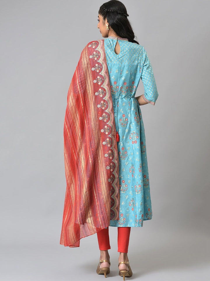 AURELIA Women Blue Ethnic Motifs Printed Panelled Kurta Set