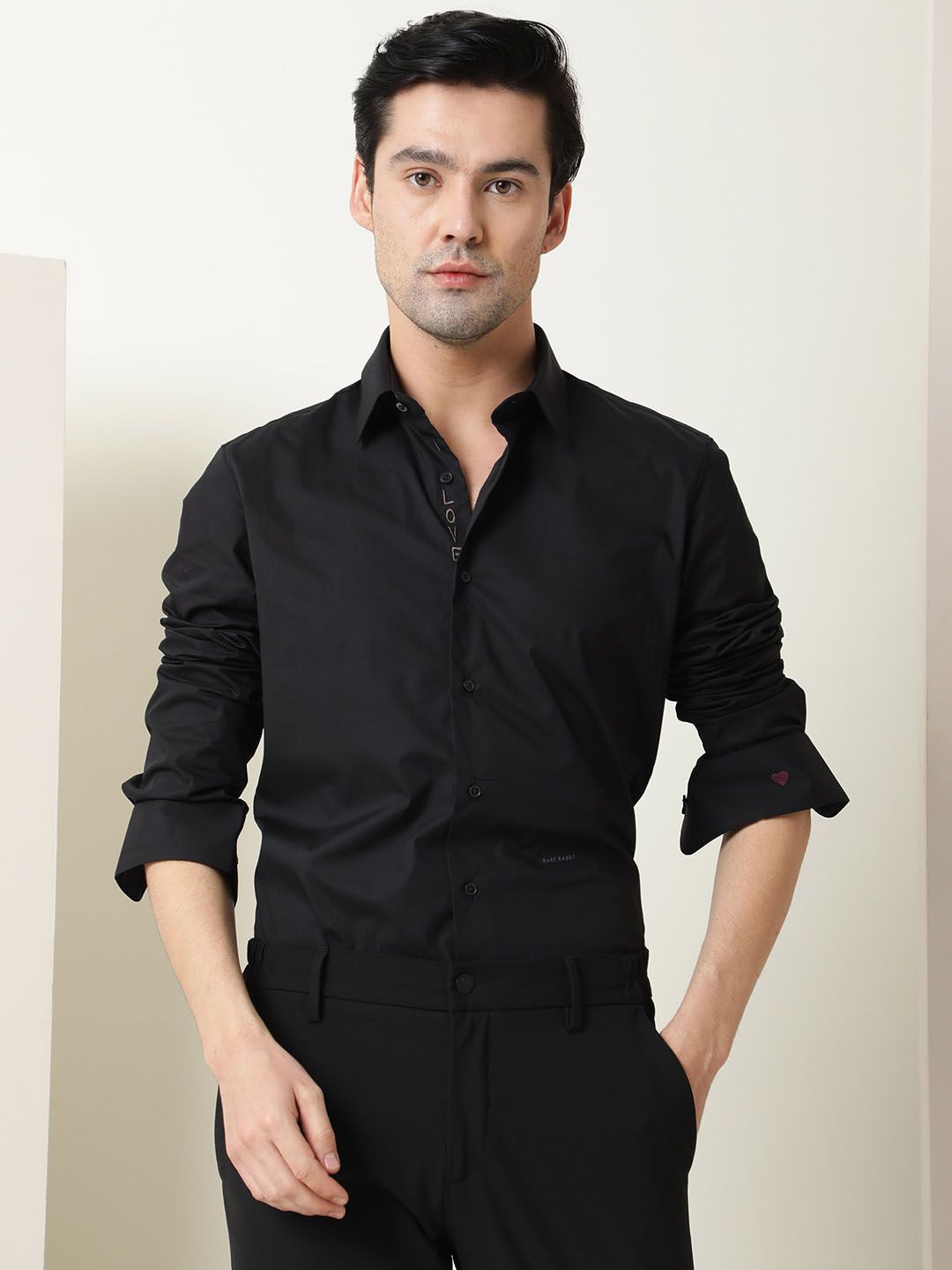 RARE RABBIT Men I Love U Black Custom Slim Fit Shirt