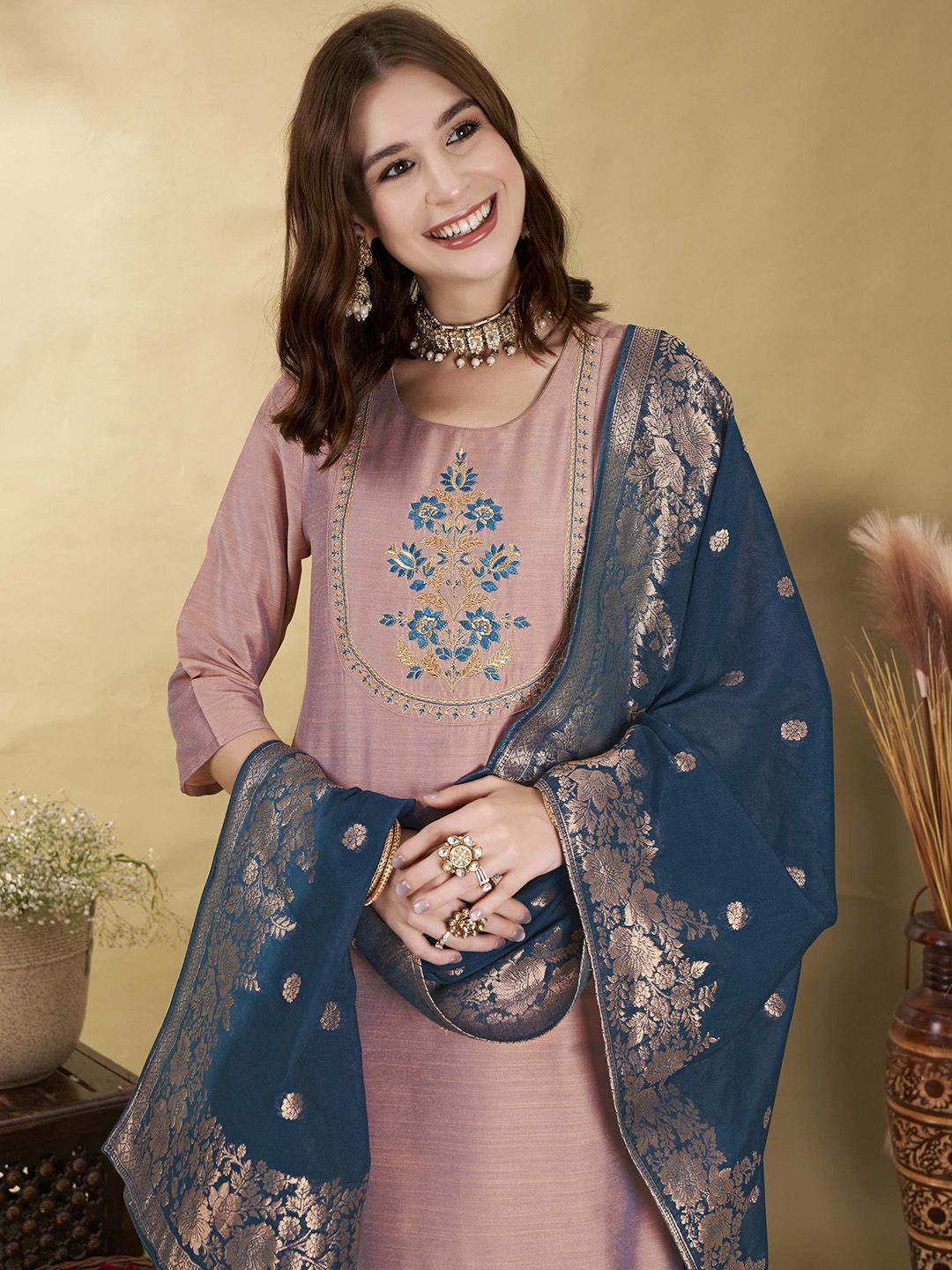 Anouk Mauve Floral Yoke Design Thread Work Straight Kurta With Trousers & Dupatta