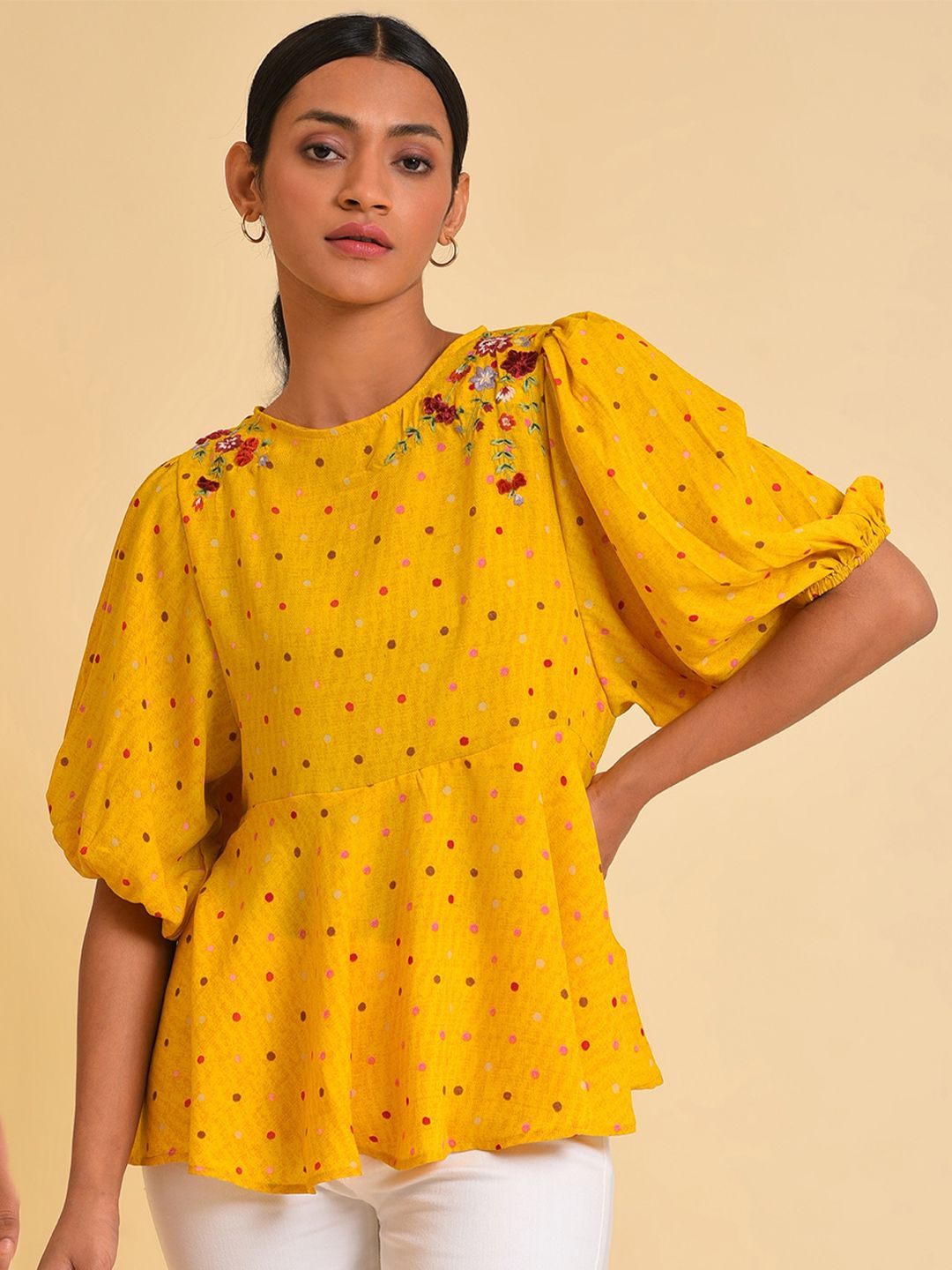 W Yellow Polka Dots Printed Puff Sleeves Embeoidered Pepium Top