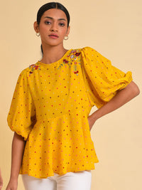 W Yellow Polka Dots Printed Puff Sleeves Embeoidered Pepium Top