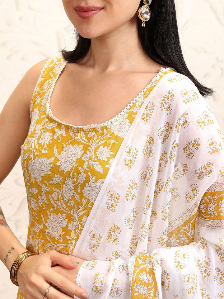 Vishudh Yellow Printed Sleevsless Pure Cotton Anarkali Kurta With Trousers & Dupatta