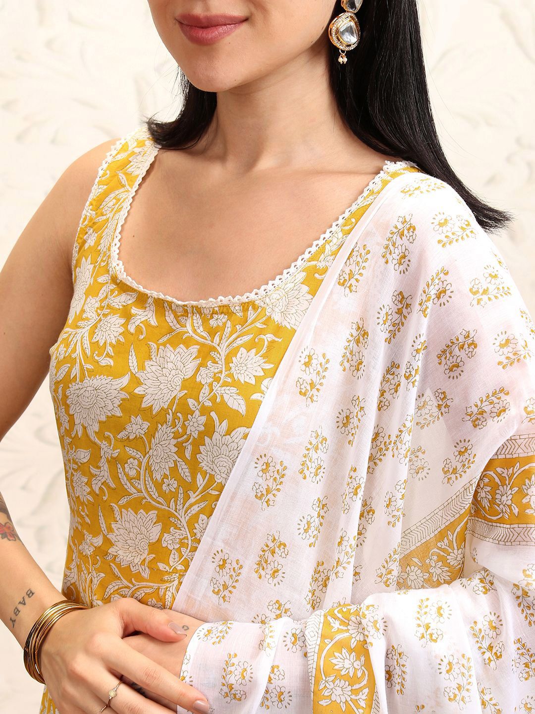 Vishudh Yellow Printed Sleevsless Pure Cotton Anarkali Kurta With Trousers & Dupatta