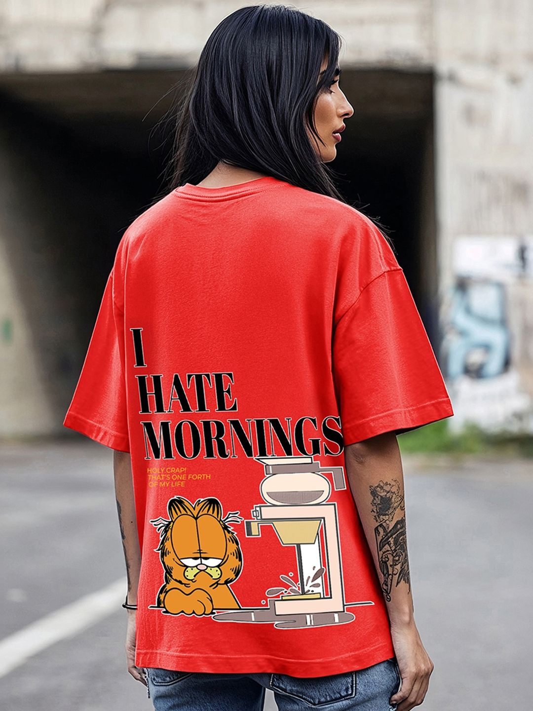 Bewakoof Official Garfield Merchandise Women I Hate Mornings Print Oversized T-shirt