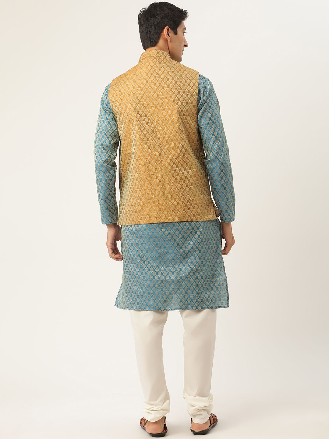 SOJANYA Lelaki Kurta Motif Etnik Biru Teal & Mustard Kuning dengan Jaket Churidar & Nehru
