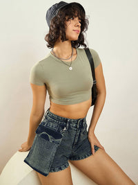SASSAFRAS Women Green Washed Slim Fit Denim Shorts