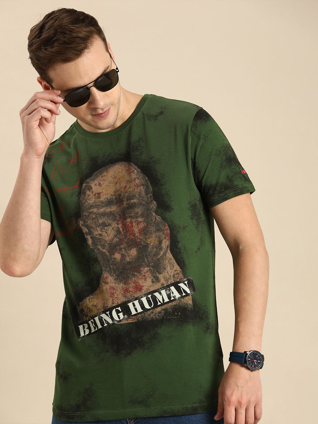 Being Human Men Green & Black Graphic Printed Pure Cotton T-shirt