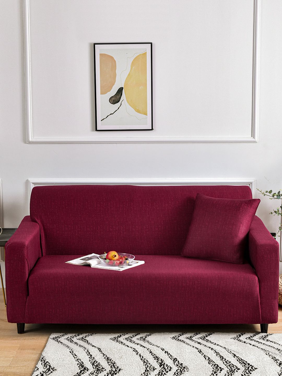 Story@home Maroon Printed 3 Seater Stretchable Sofa Cover With Arms