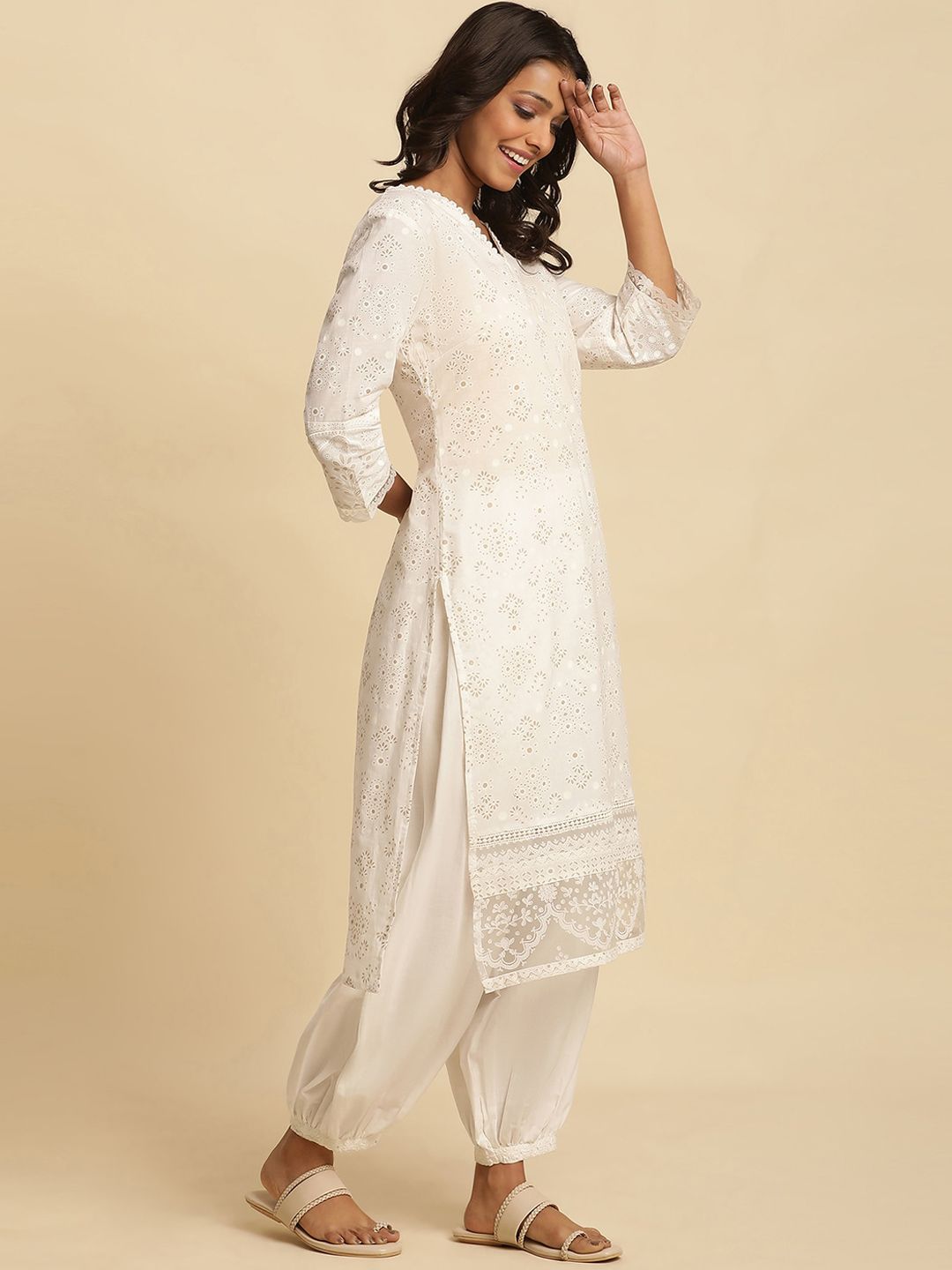 W Floral Printed V-Neck Cotton Kurta