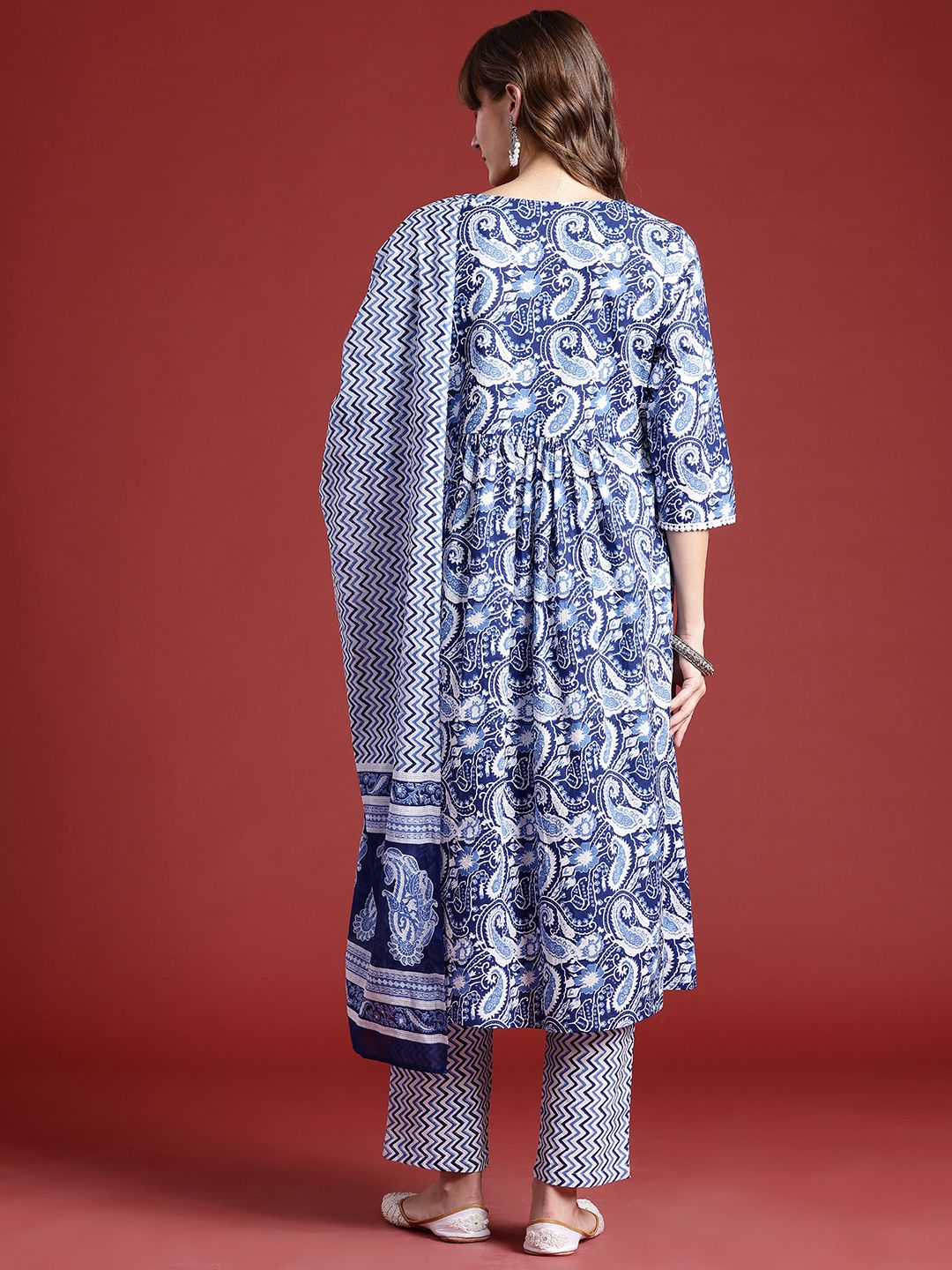 Anouk Paisley Printed Regular Thread Work Pure Cotton Kurta With Trousers & Dupatta