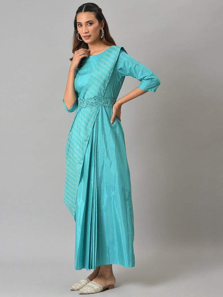 W Blue Printed Ethnic Maxi Dress with Belt