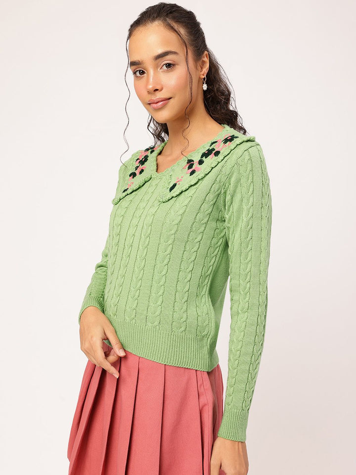 DressBerry Pure Acrylic Embroidered Detail Cable Knit Pullover
