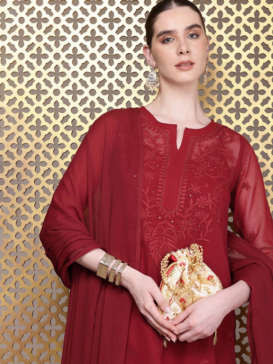 House of Pataudi Floral Embroidered Regular Chikankari Jashn Kurta with Trousers & Dupatta