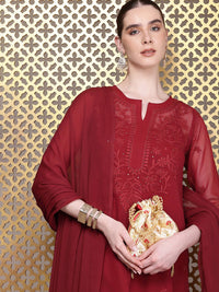 House of Pataudi Floral Embroidered Regular Chikankari Jashn Kurta with Trousers & Dupatta