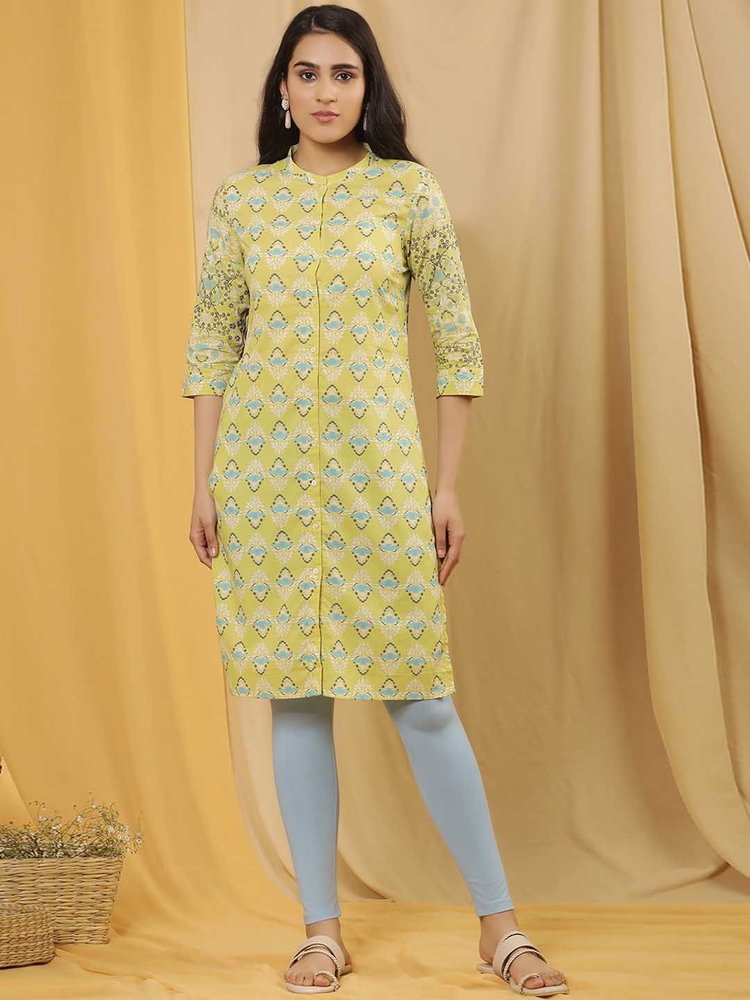 W Floral Printed Mandarin Collar Regular Pure Cotton Kurta