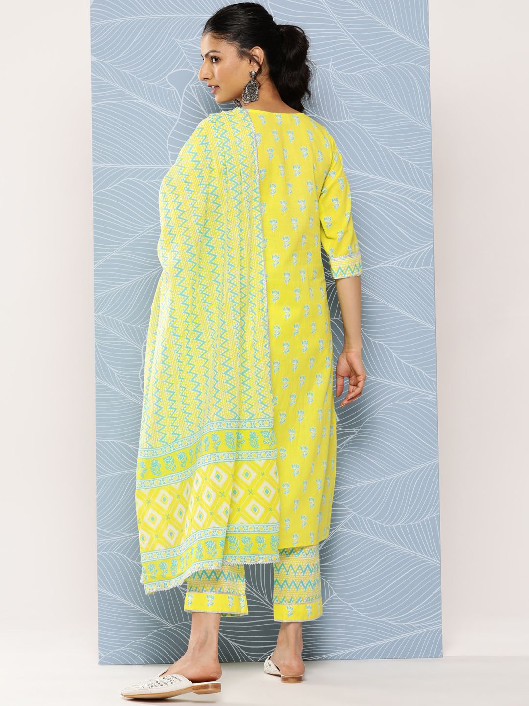 Libas Floral Yoke Design Gotta Patti Pure Cotton Kurta With Trousers & With Dupatta