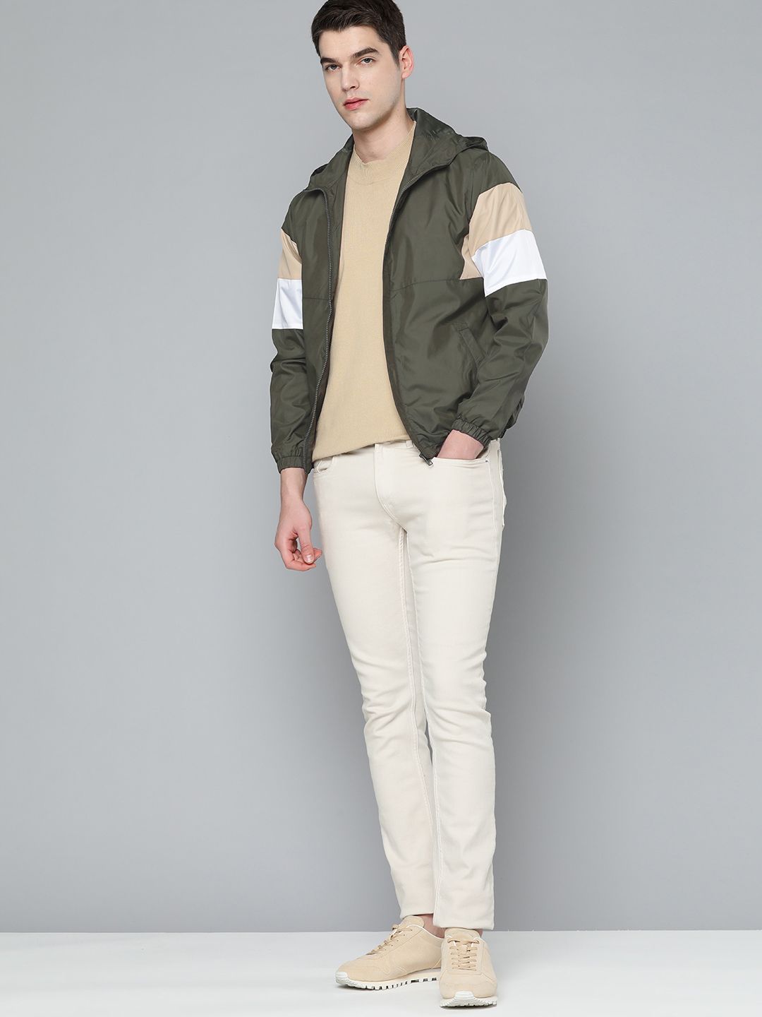 ether Men Olive Green & White Tailored Jacket with Striped Detail