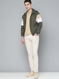 ether Men Olive Green & White Tailored Jacket with Striped Detail
