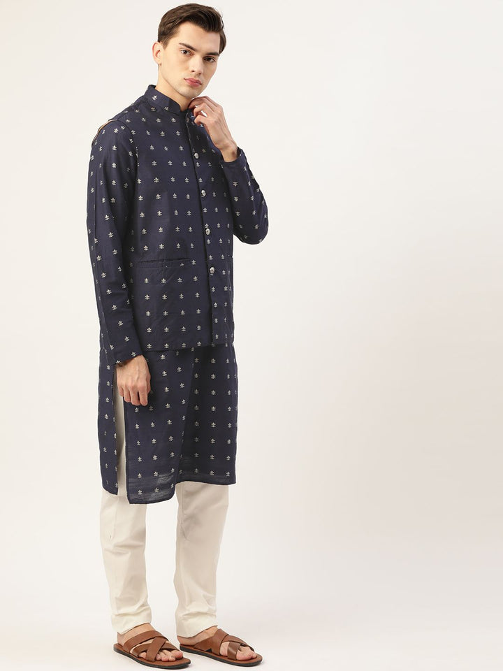 SOJANYA Kurta Rekaan Sendiri Tentera Laut Lelaki dengan Jaket Churidar & Nehru