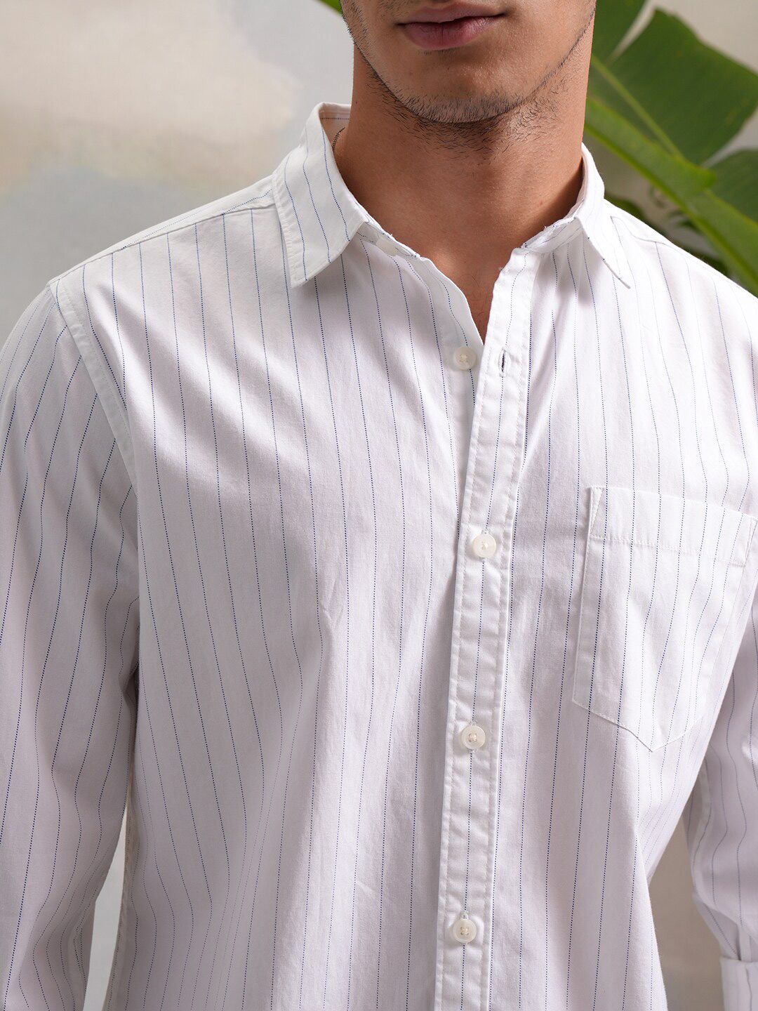 HIGHLANDER Classic White Slim Fit Vertical Striped Spread Collar Cotton Casual Shirt