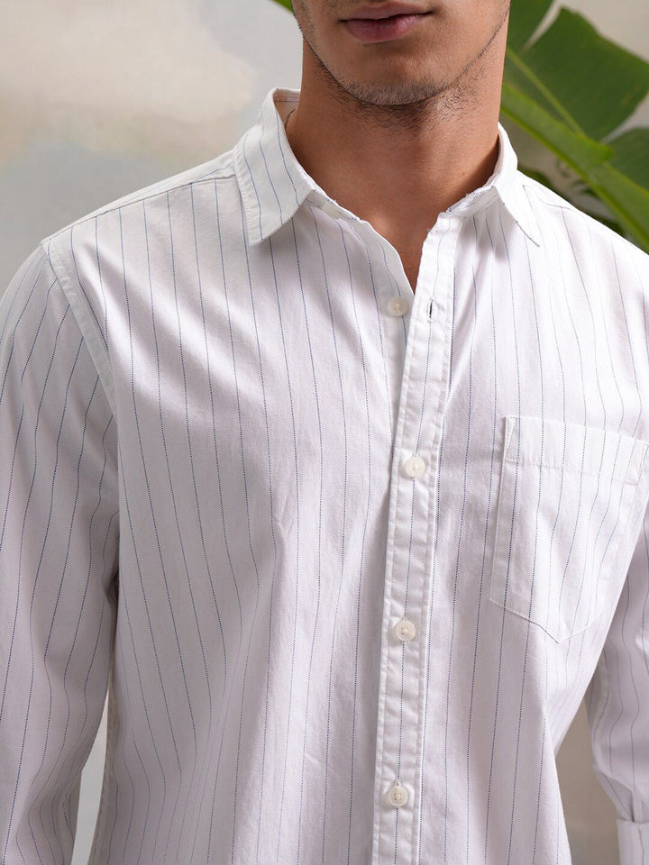 HIGHLANDER Classic White Slim Fit Vertical Striped Spread Collar Cotton Casual Shirt