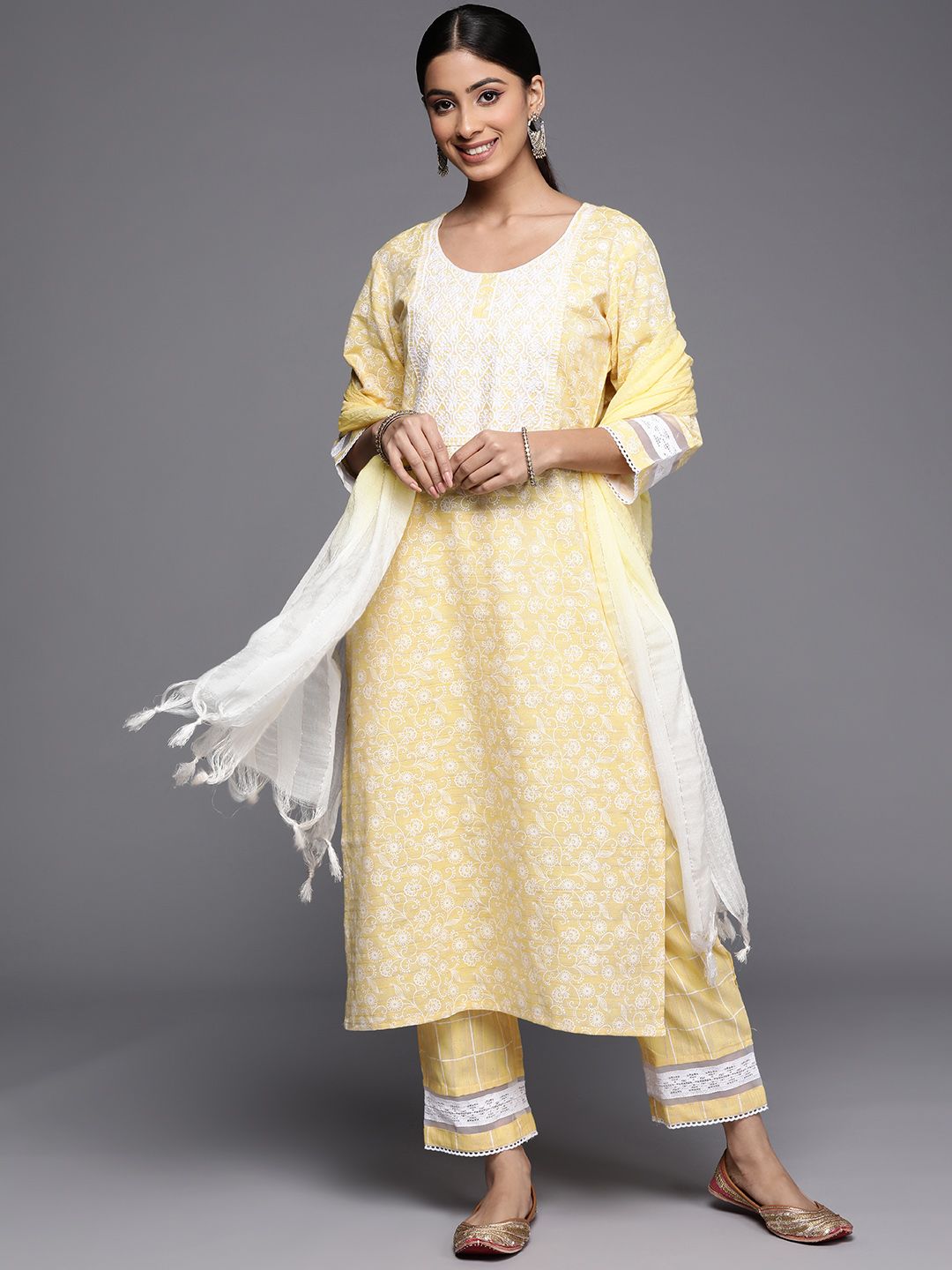 Indo Era Women Yellow Embroidered Thread Work Kurta with Trousers & Dupatta