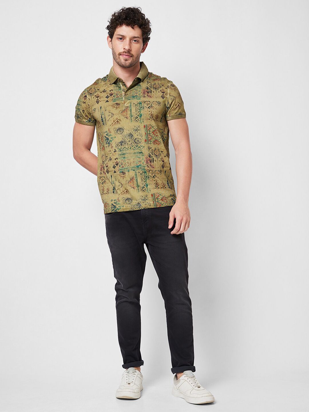 SPYKAR Abstract Printed Polo Collar Cotton Slim Fit T-shirt