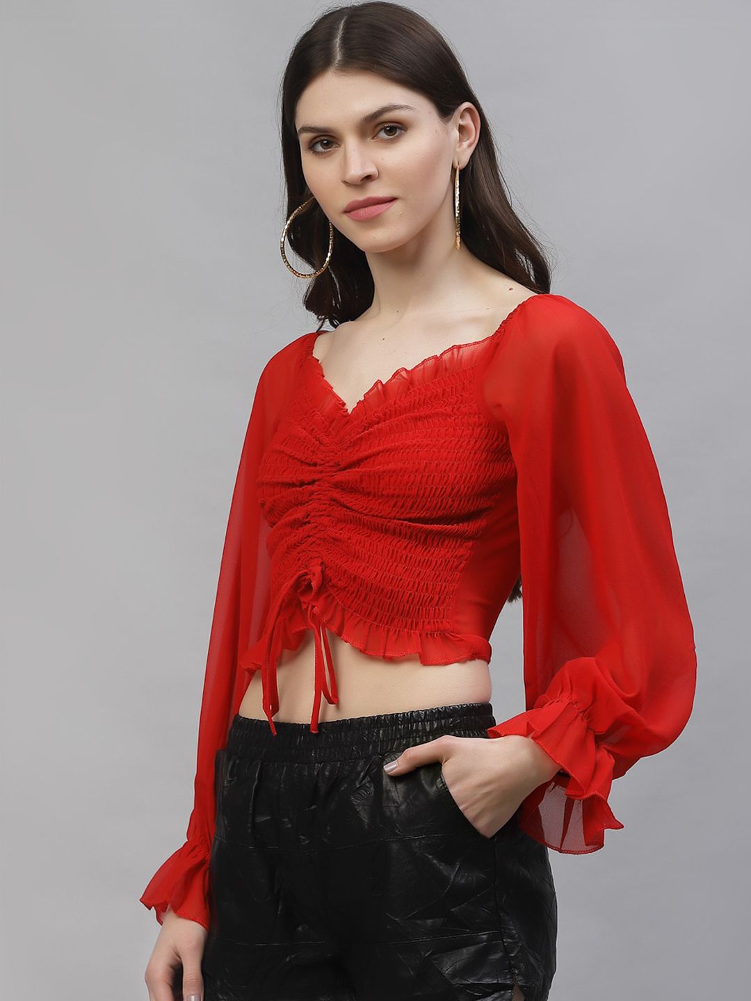 Athena Red Sweetheart Neck Puff Sleeves Georgette Crop Top