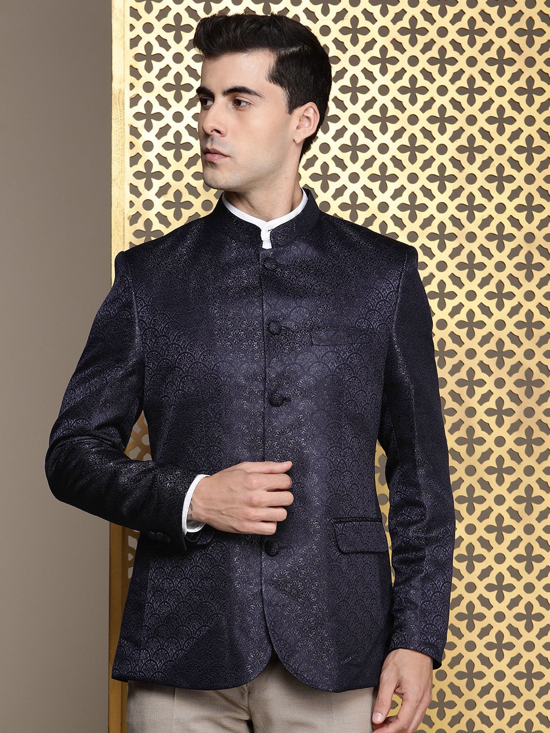 House of Pataudi Self Design Mandarin Collar Bandhgala Jashn Blazers