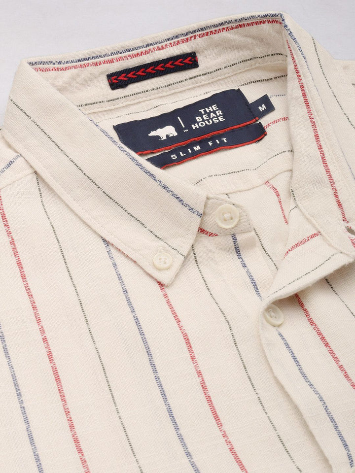 THE BEAR HOUSE Men Beige Linen Cotton Slim Fit Striped Casual Shirt