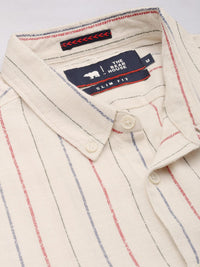 THE BEAR HOUSE Men Beige Linen Cotton Slim Fit Striped Casual Shirt