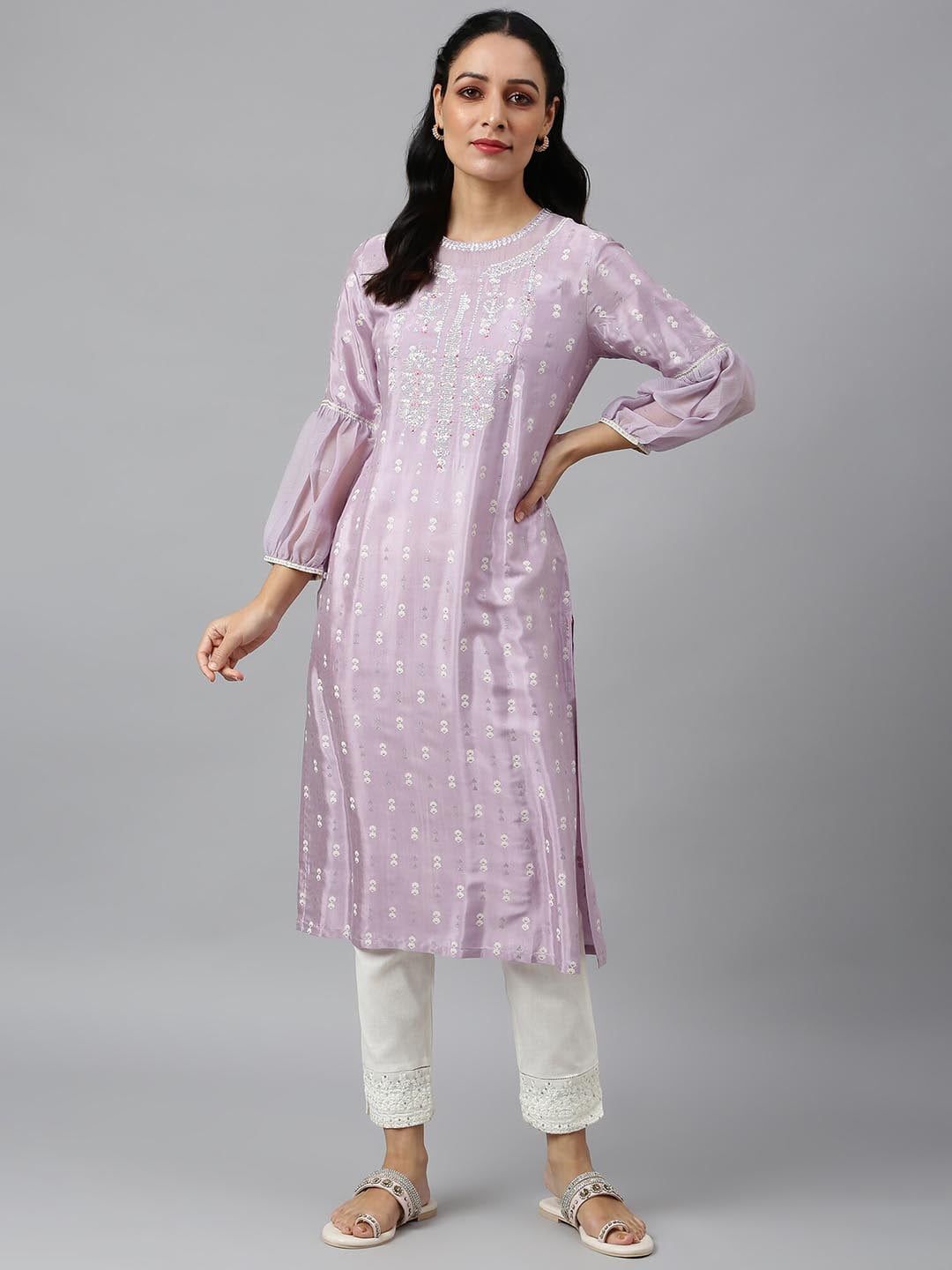 W Women Lavender Ethnic Motifs Embroidered Thread Work Kurta