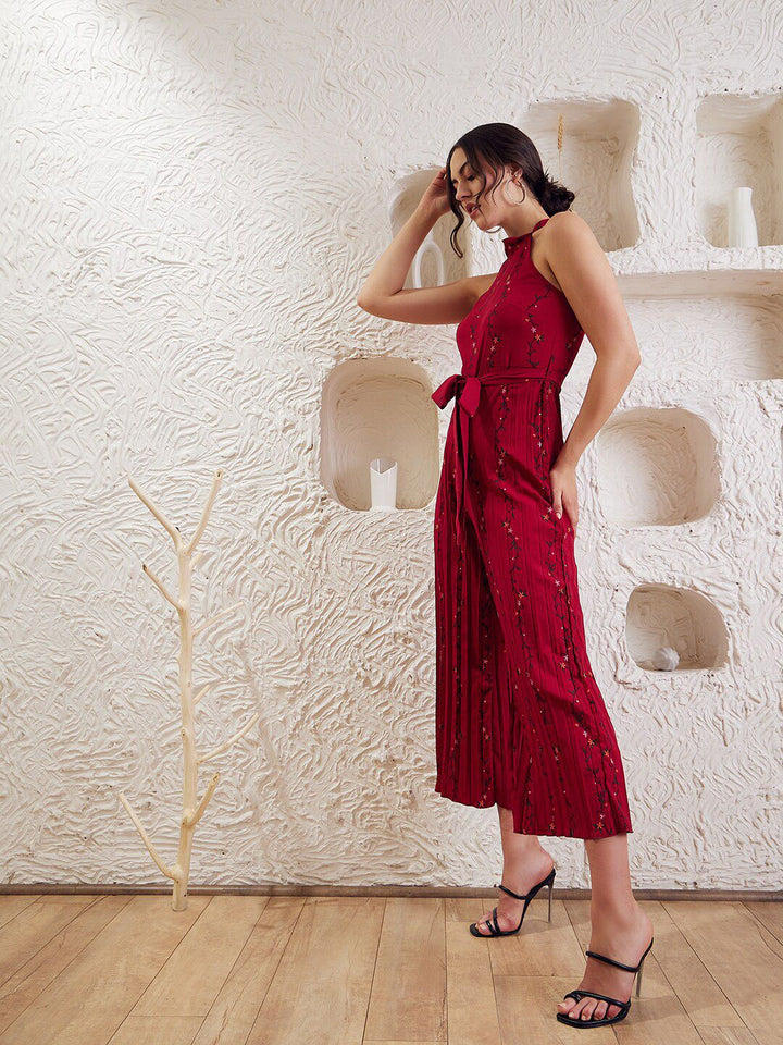 Berrylush Floral Printed Halter Neck Pleated Culotte Jumpsuit
