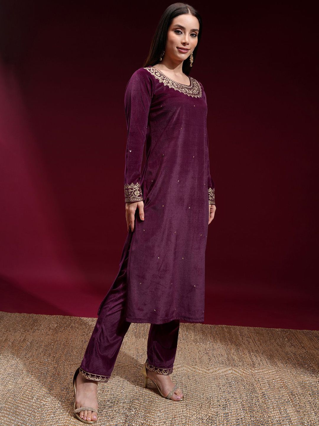 Vishudh Women Embroidered Velvet Straight Kurta with Slim Pants and Dupatta