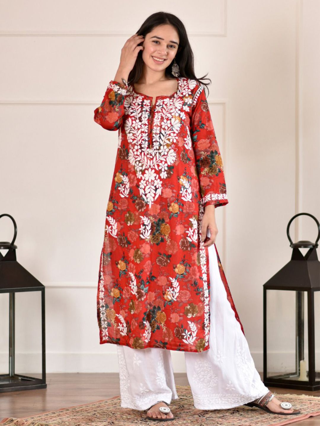 House of Chikankari Women Red Mulmul Chikankari Embroidered Kurta