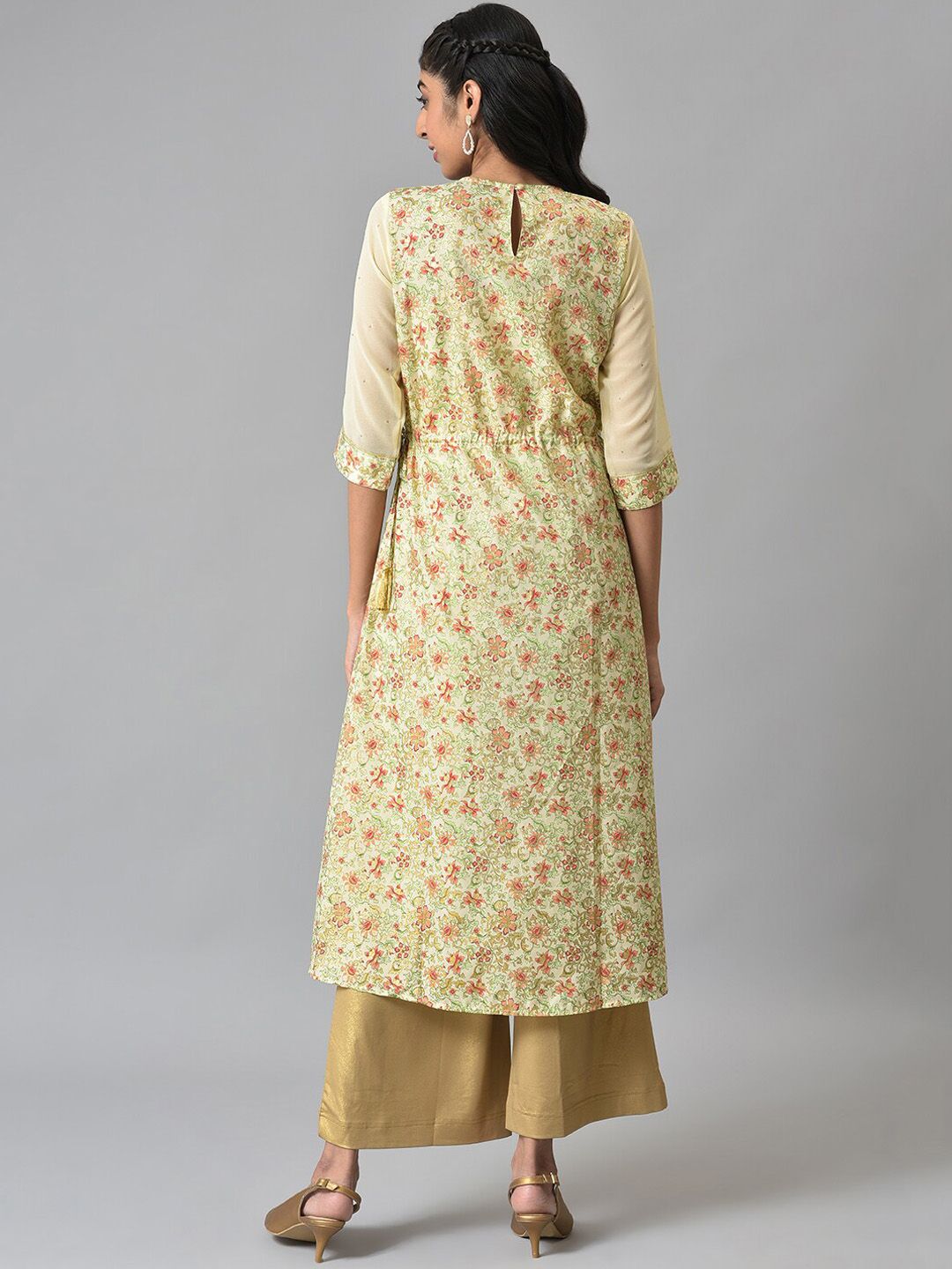 AURELIA Women Beige Floral Printed Anarkali Kurta