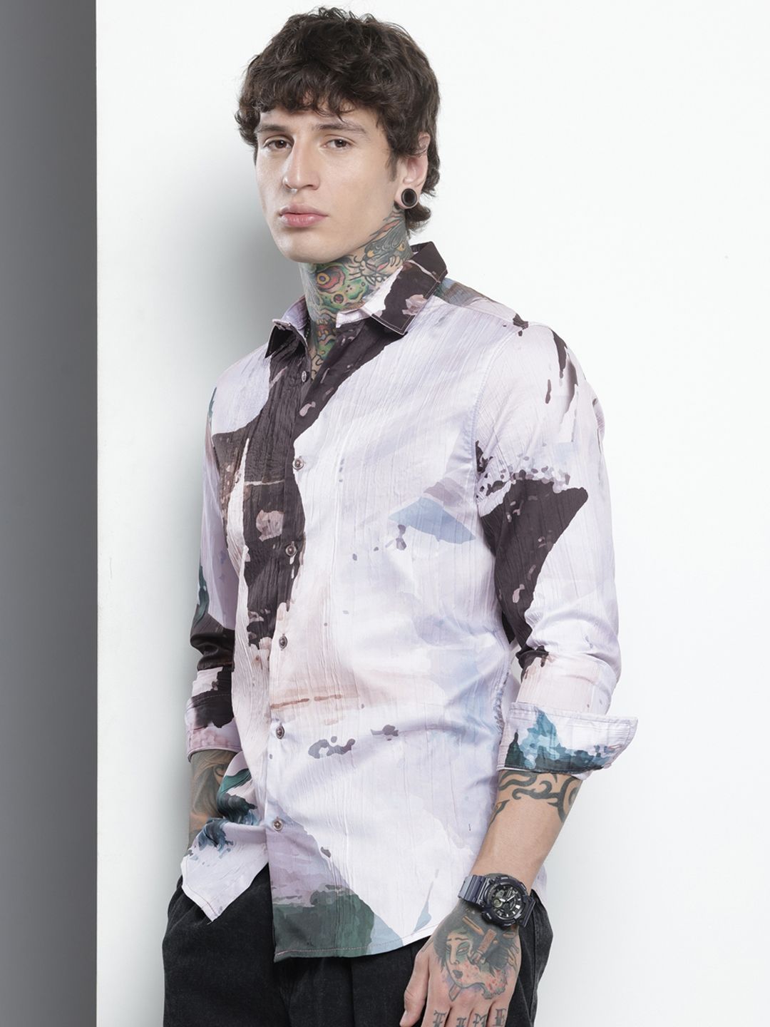 The Indian Garage Co Slim Fit Graphic Printed Crushed Casual Shirt