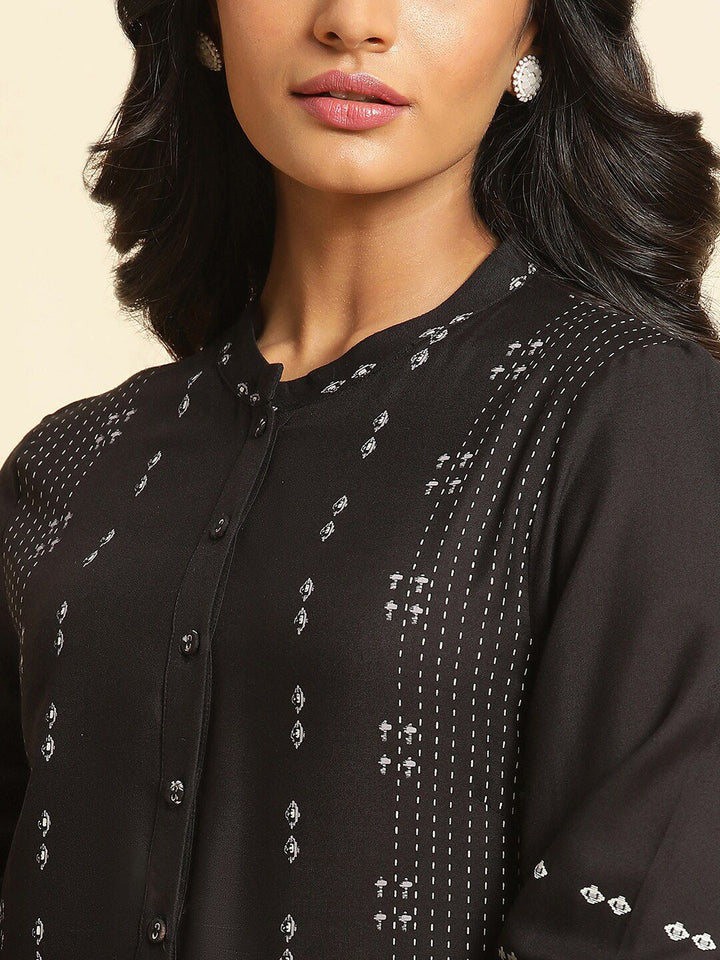 W Ethnic Motifs Printed Band Collar Straight Kurta