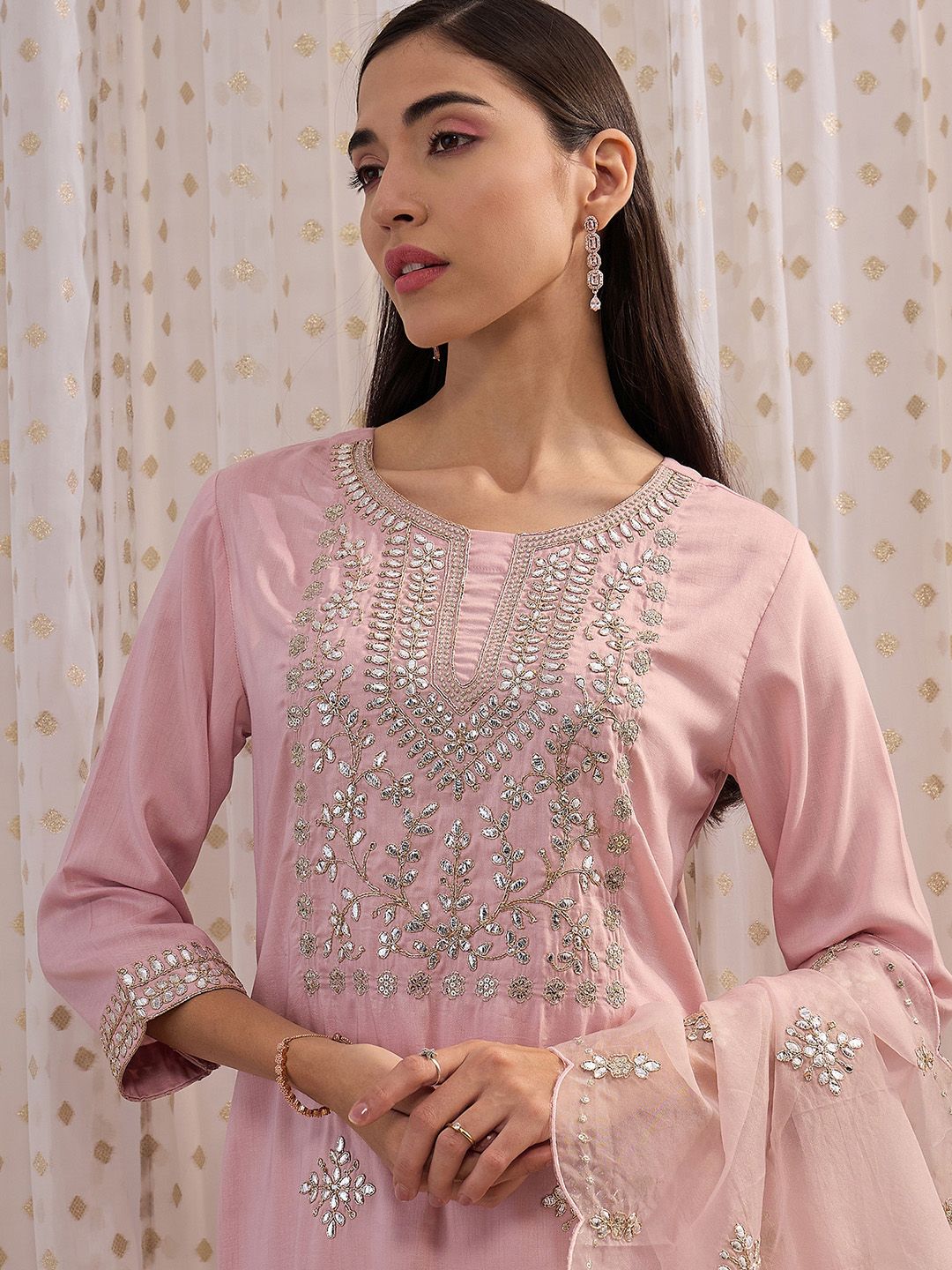 Indo Era Pink Ethnic Motifs Embroidered Gotta Patti Kurta with Trousers & Dupatta