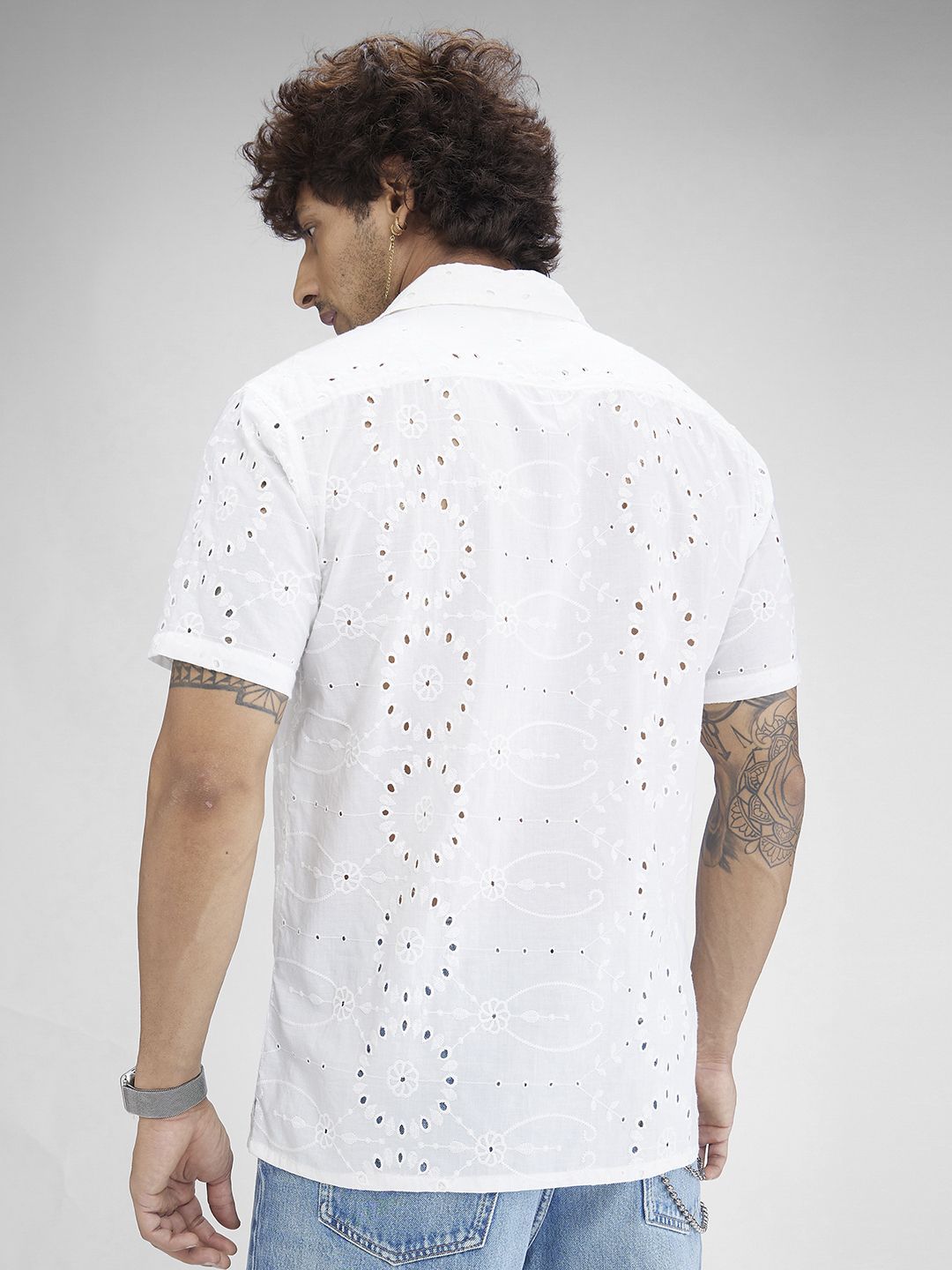 VASTRADO Classic Oversized Schiffli Floral Embroidered Cuban Collar Cotton Shirt