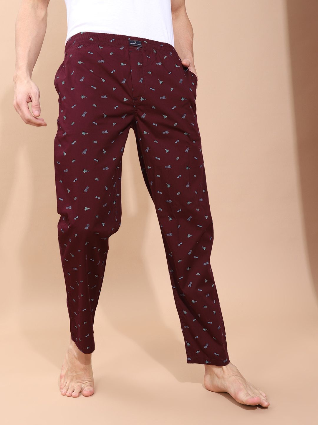The Indian Garage Co Men's Burgundy and Blue Printed Pure Cotton Lounge Pants