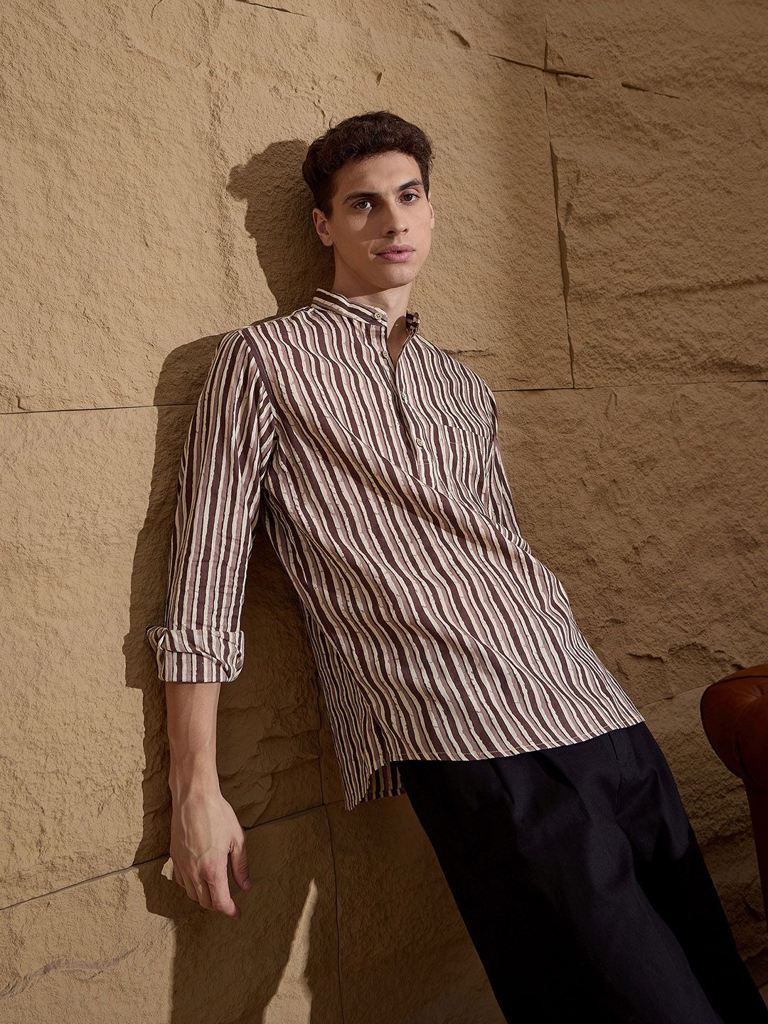 DENNISON Striped Printed Pure Cotton Band Collar Straight Kurta