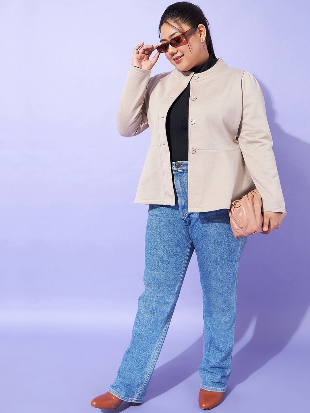 SASSAFRAS Curve Plus Size Grey Mandarin Collar Tailored Jacket