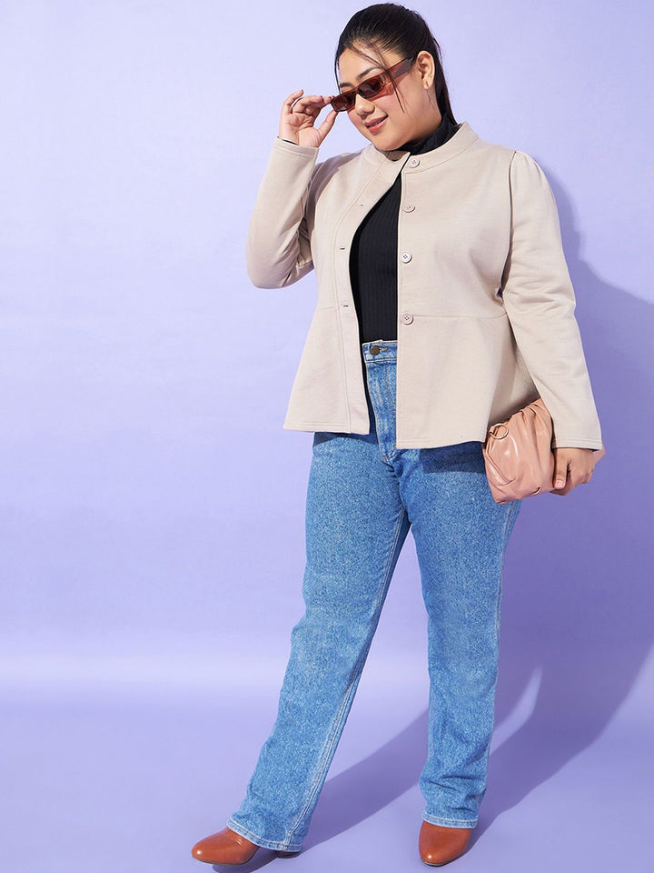 SASSAFRAS Curve Plus Size Grey Mandarin Collar Tailored Jacket