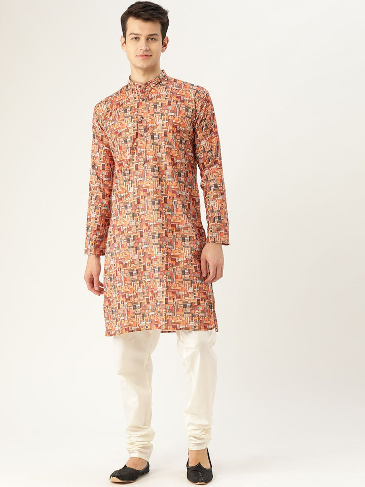 SOJANYA Men Orange & Grey Printed Straight Kurta