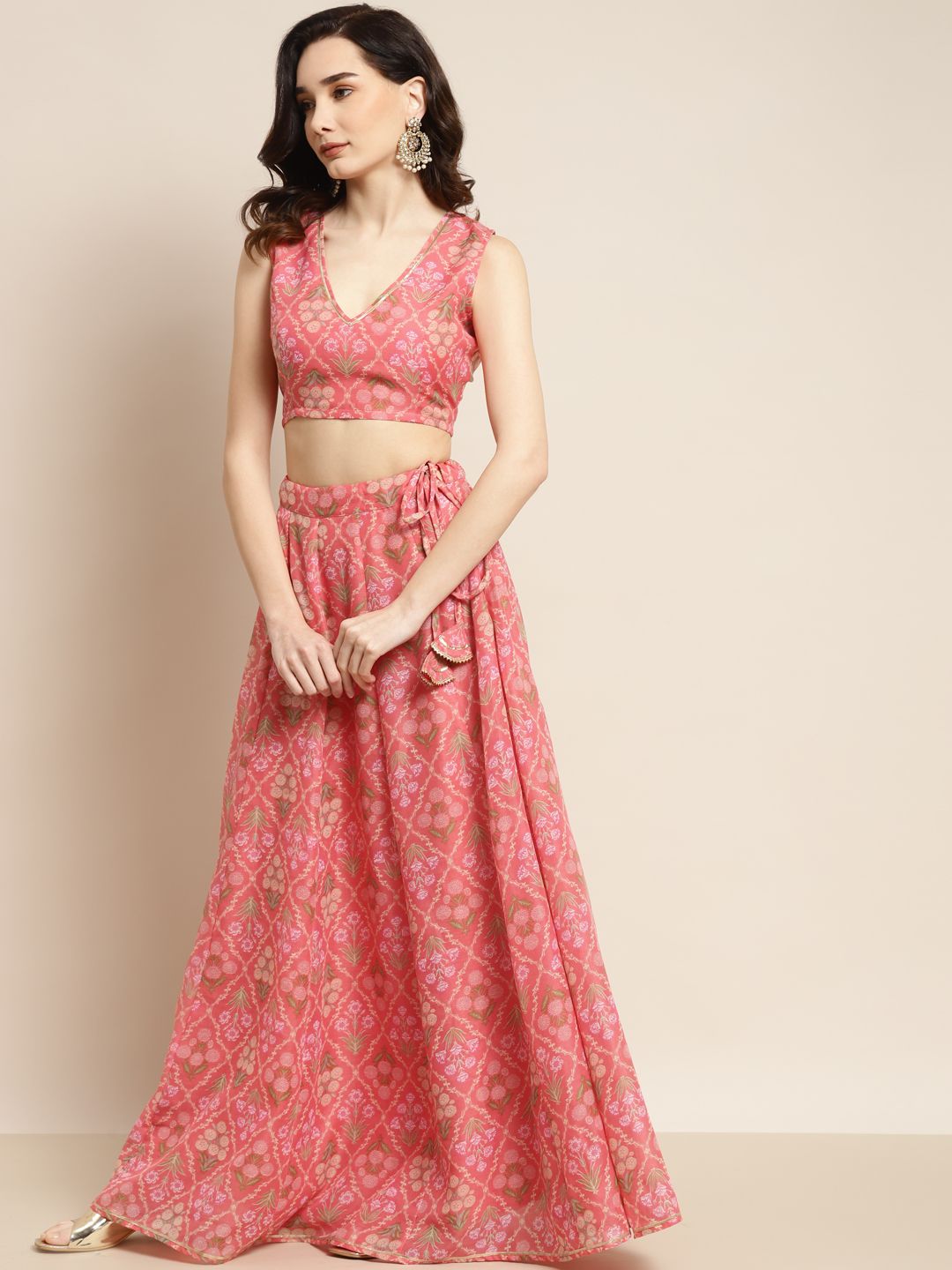 Shae by SASSAFRAS Peach-Coloured & Olive Green Printed Fusion Lehenga Choli
