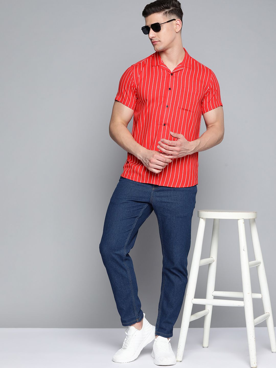DENNISON Men Red Striped Smart Slim Fit Casual Shirt