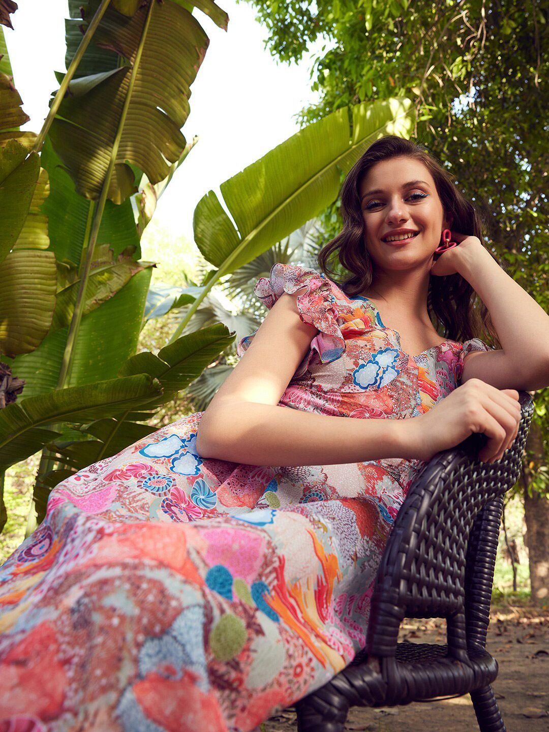 STREET 9 Floral Printed Georgette Flutter Sleeves Maxi Dress